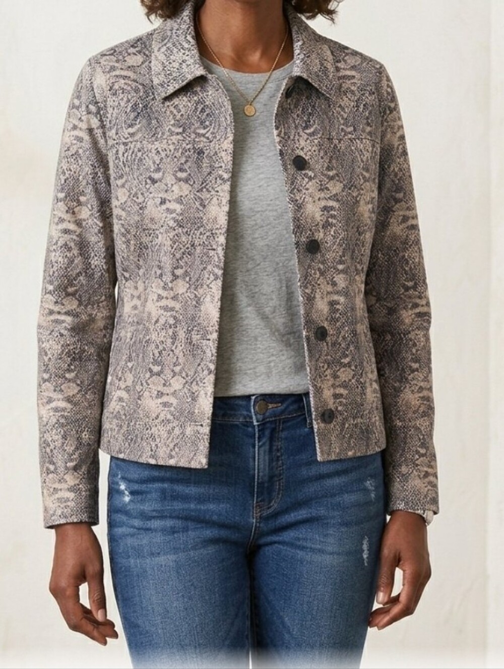 Rebecca Malone Women's Embroidered Taupe Beige Snake Reptile Jacket Stretch  XL